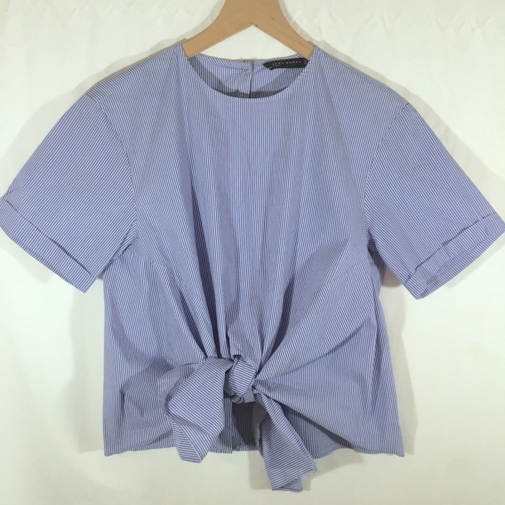 Zara Women poplin knot pinstripe button back top
